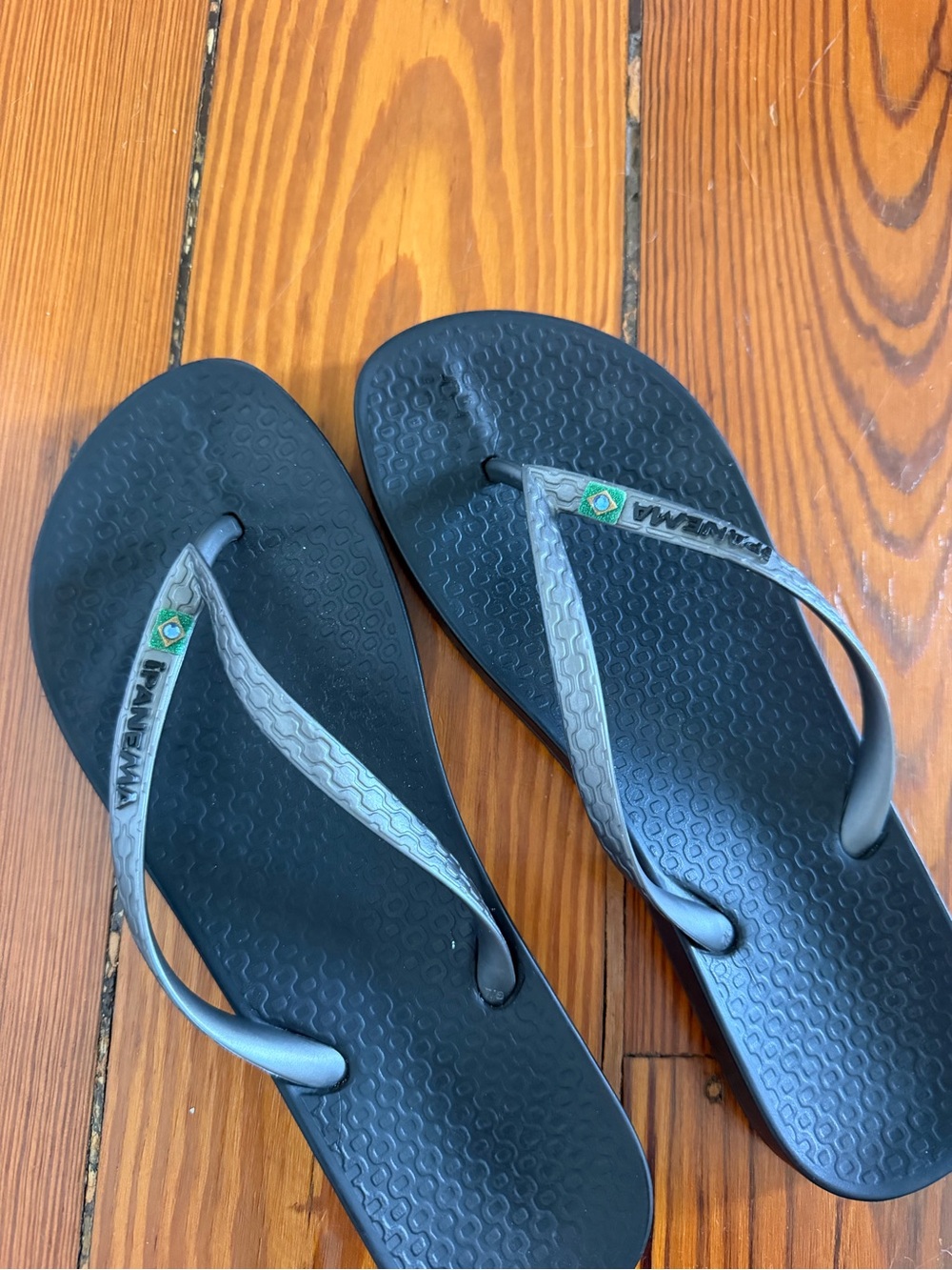 Havaianas Black Flip Flops with Gray Straps and Brazilian Flag Accent